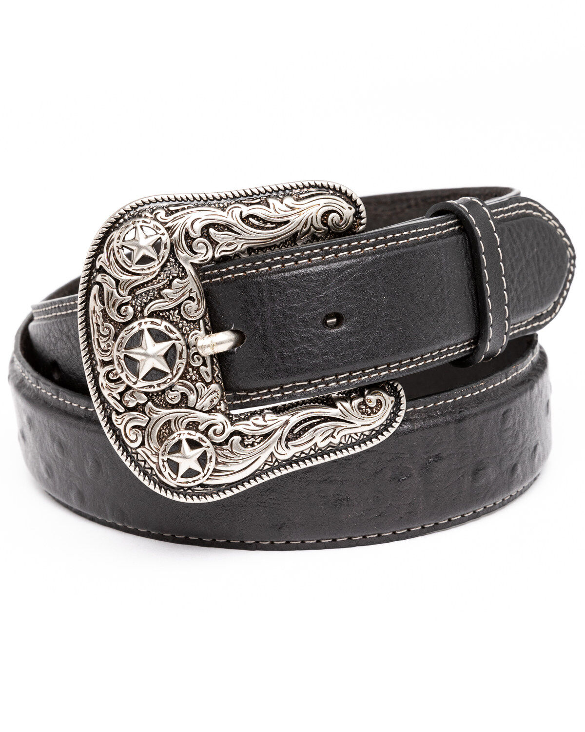 Cody James Men's Ostrich Print Embroidered Western Buckle Belt, Black, hi-res