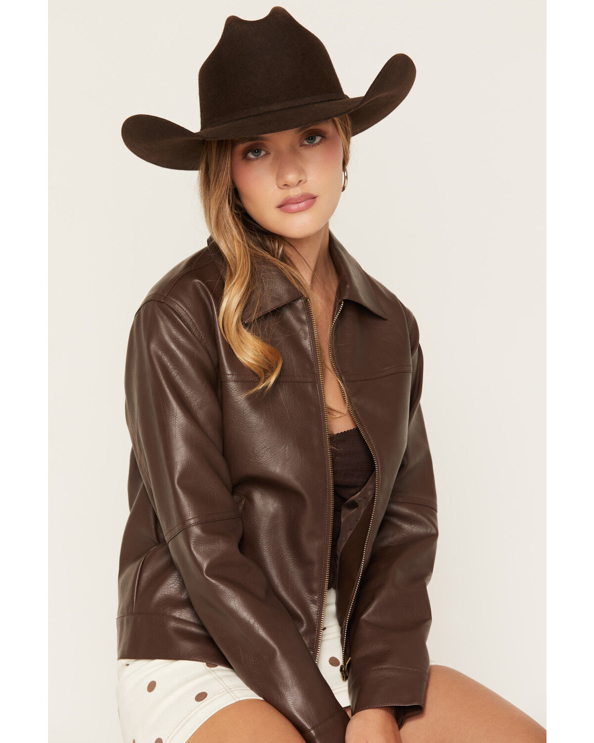 Stoosh Women's Faux Leather Zip Front Jacket, Brown, hi-res