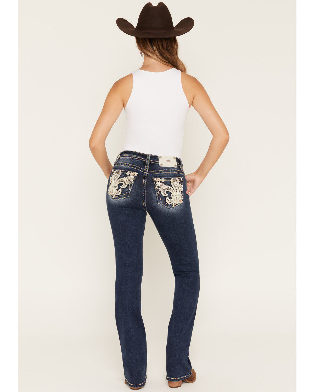 Miss Me Women's Dark Wash Mid Rise Fleur de Lis 32" Bootcut Stretch Denim Jeans, Dark Wash, hi-res