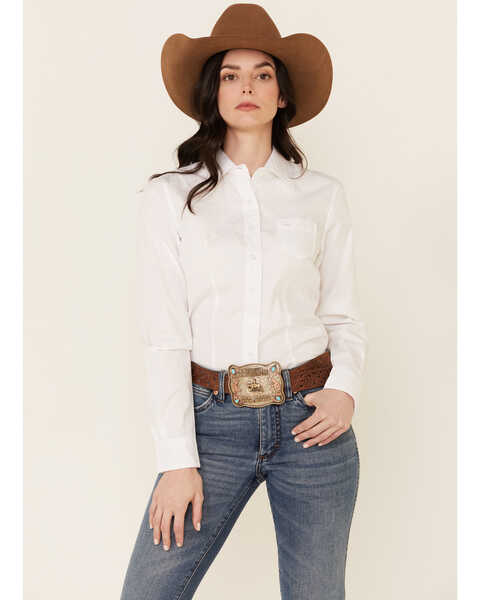 Image #1 - Cinch Women's Solid Long Sleeve Button Down Western Shirt, White, hi-res