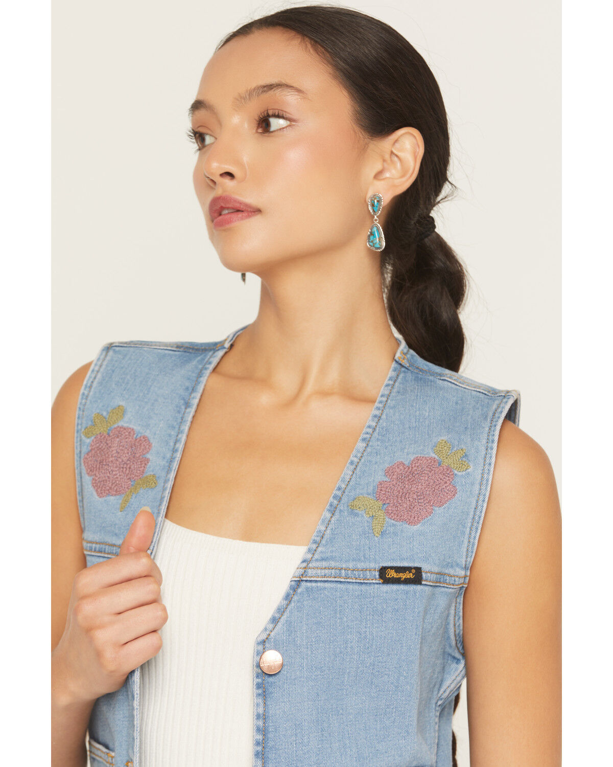 Image #2 - Wrangler X Lainey Wilson Women's Bull Riding Embroidered Button-Down Denim Vest, Blue, hi-res