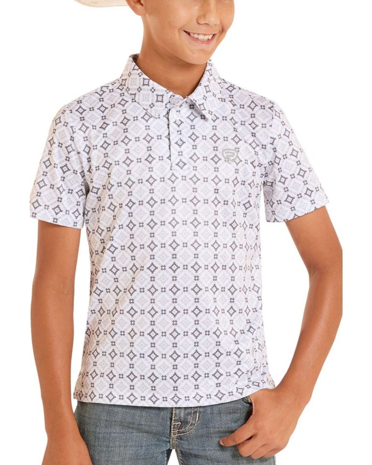 Image #1 - Rock & Roll Denim Boys' Medallion Print Short Sleeve Button-Down Polo, White, hi-res