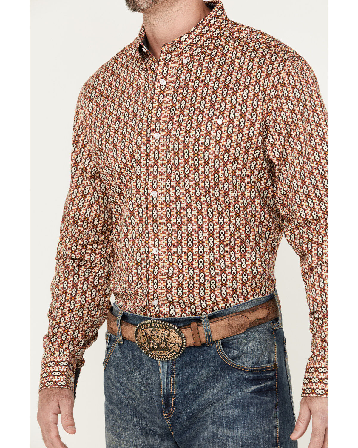 Image #3 - RANK 45&reg; Men's Spur Printed Long Sleeve Button-Down Stretch Western Shirt, Pecan, hi-res