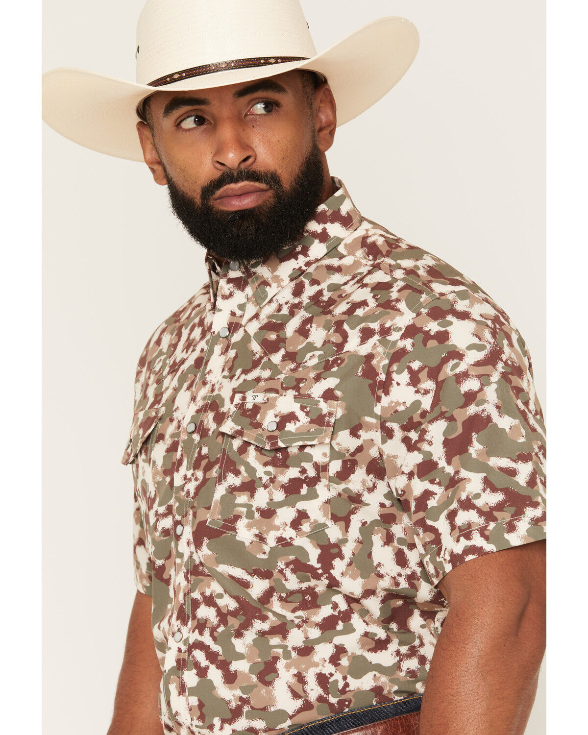 Image #2 - Ferrell Men's Tek Camo Print Short Sleeve Pearl Snap Stretch Performance Western Shirt, Brown, hi-res