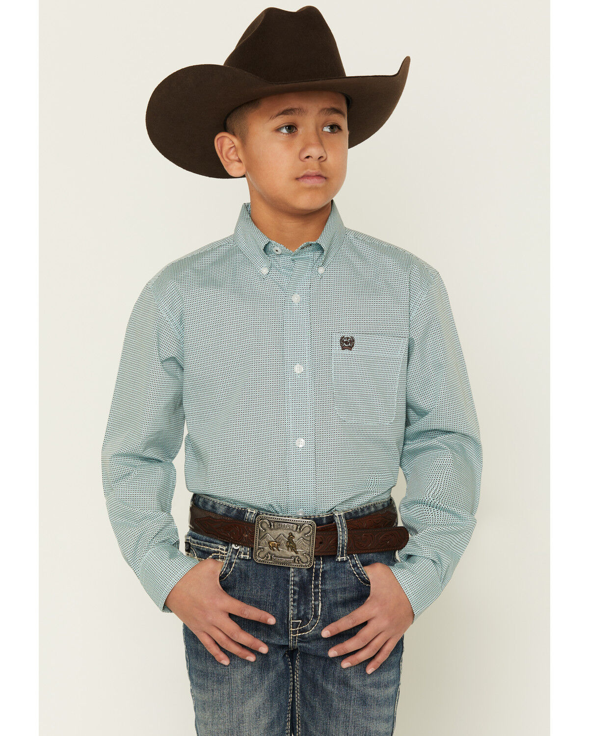 Cinch Boys' Geo Print Long Sleeve Button-Down Western Shirt, Blue, hi-res