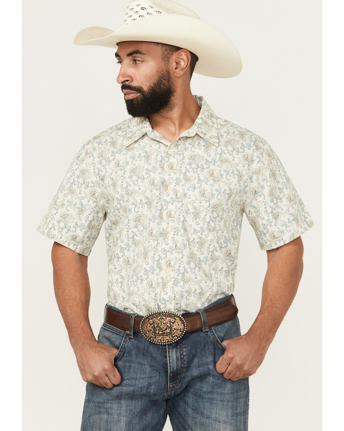 Image #1 - Gibson Trading Co Men's Groovy Floral Print Short Sleeve Button-Down Western Shirt - Big, Ivory, hi-res