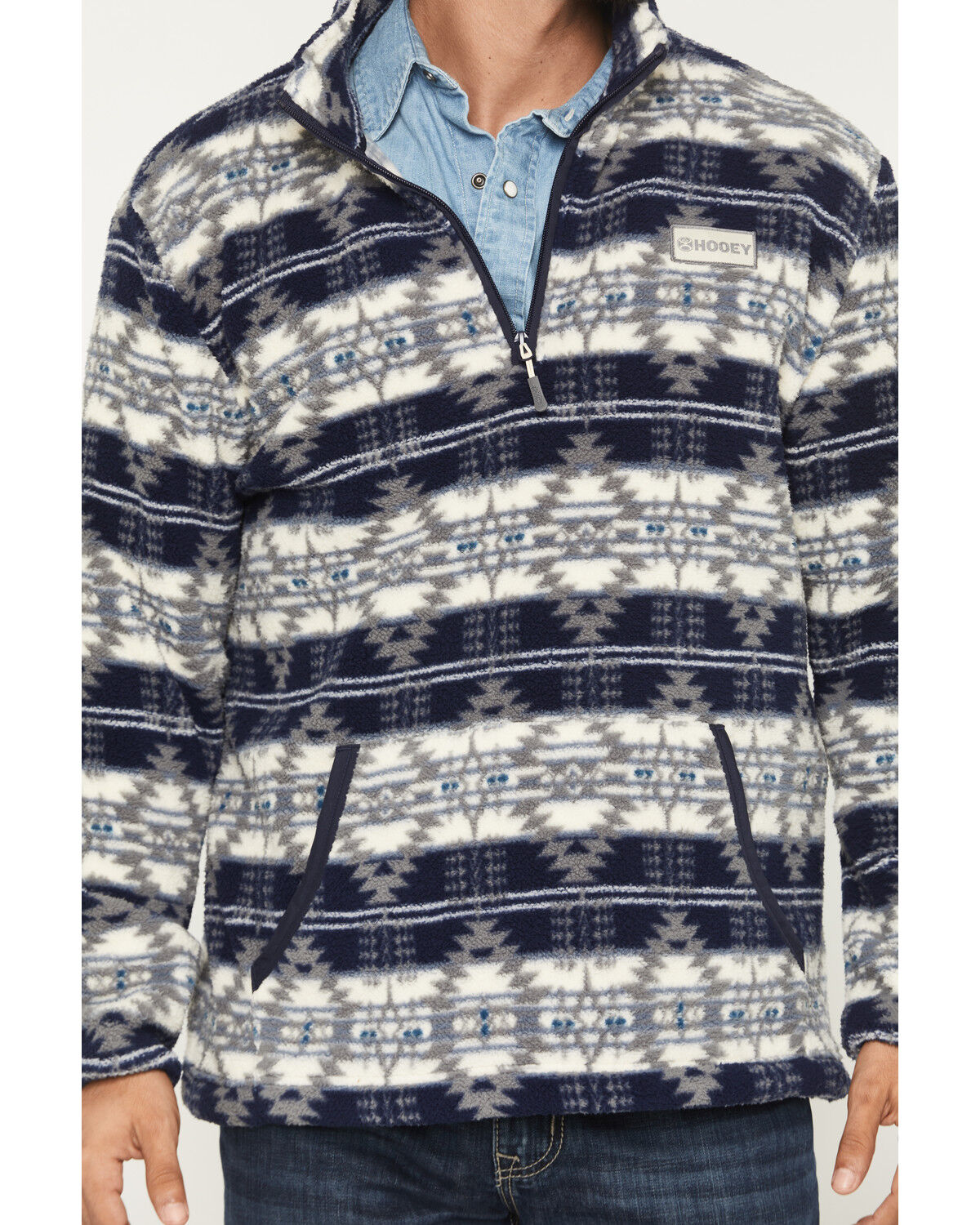 Image #3 - Hooey Men's Bear Southwestern Print Fleece 1/4 Zip Pullover, Navy, hi-res