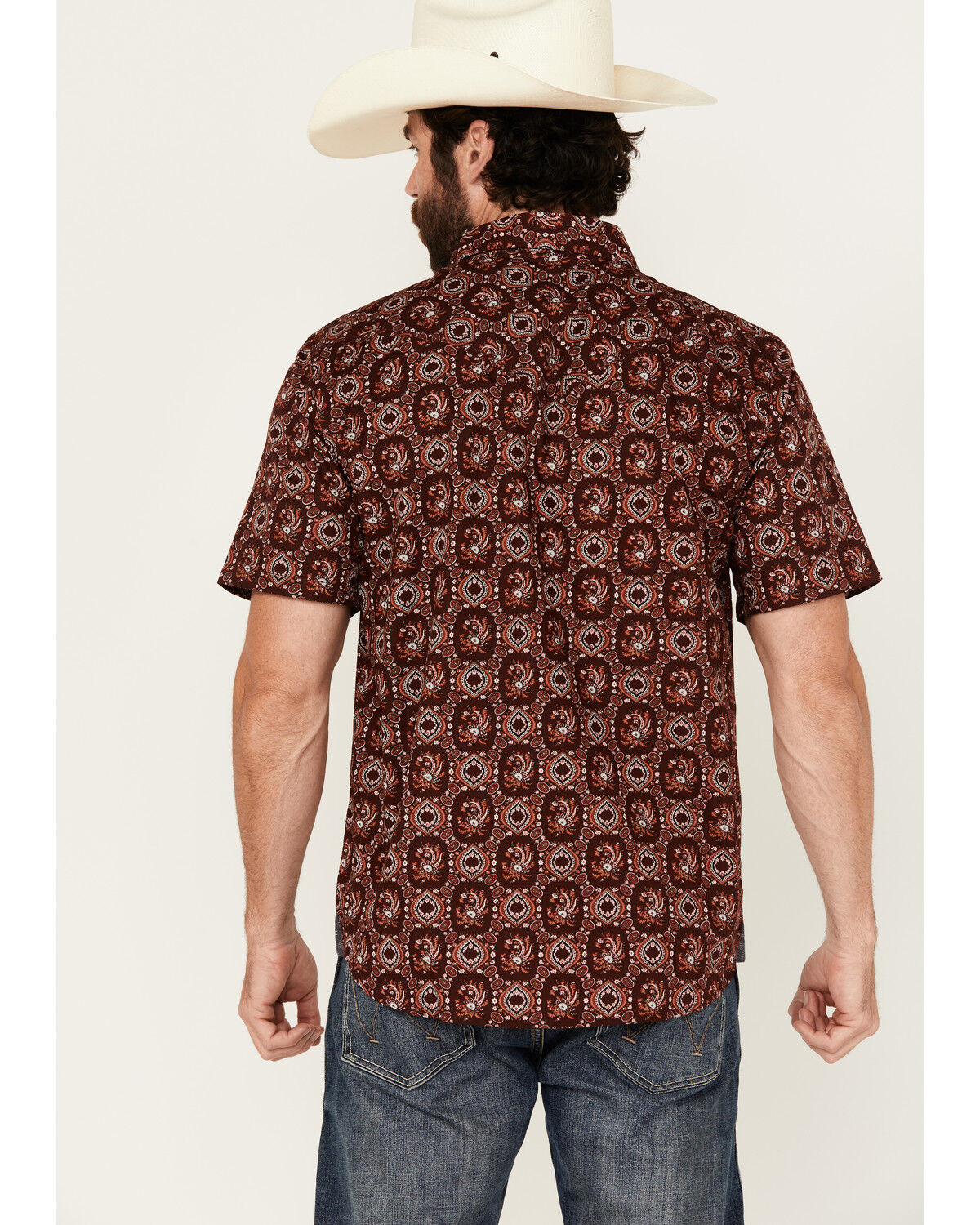 Image #4 - Moonshine Spirit&reg; Men's Gig Medallion Print Short Sleeve Snap Western Shirt, Burgundy, hi-res