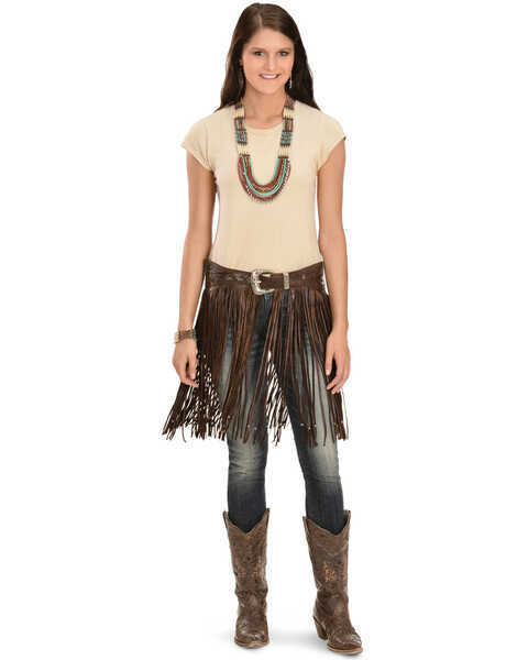 Image #2 - Kobler Leather Women's Hand-Tooled Beaded Fringe Belt, Brown, hi-res