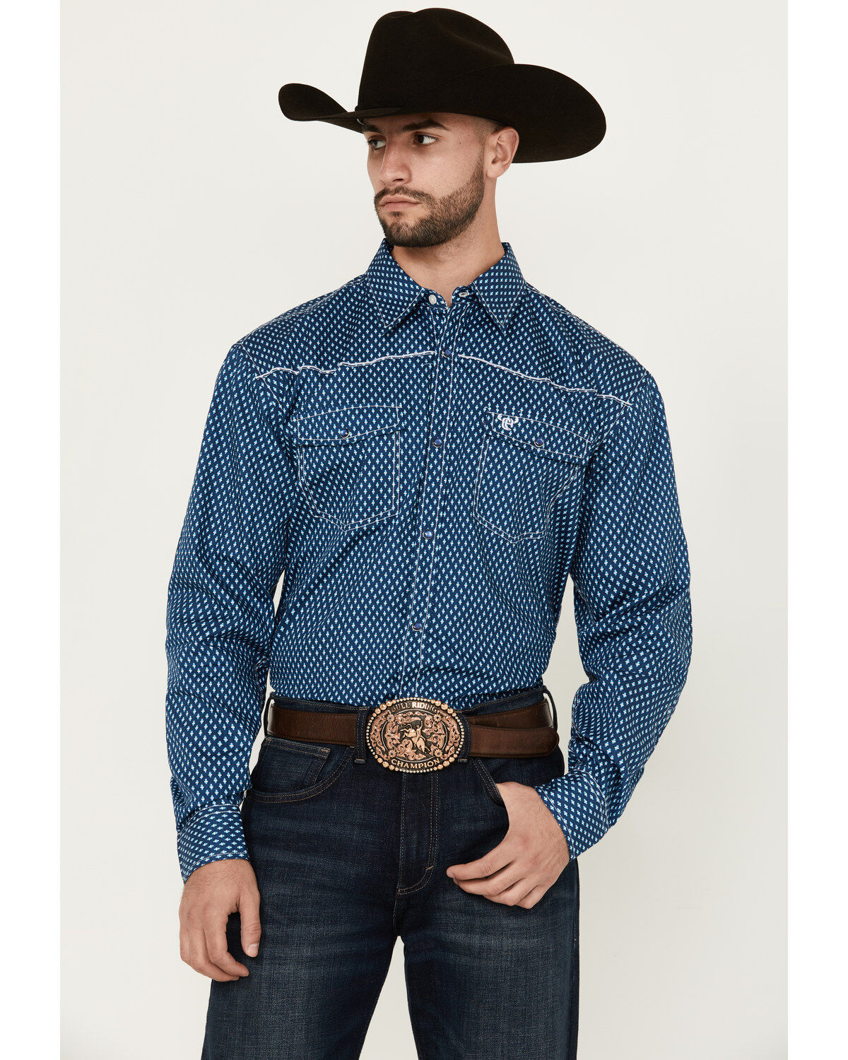 Image #1 - Cowboy Hardware Men's Fleur de Cowboy Print Long Sleeve Pearl Snap Western Shirt, Navy, hi-res