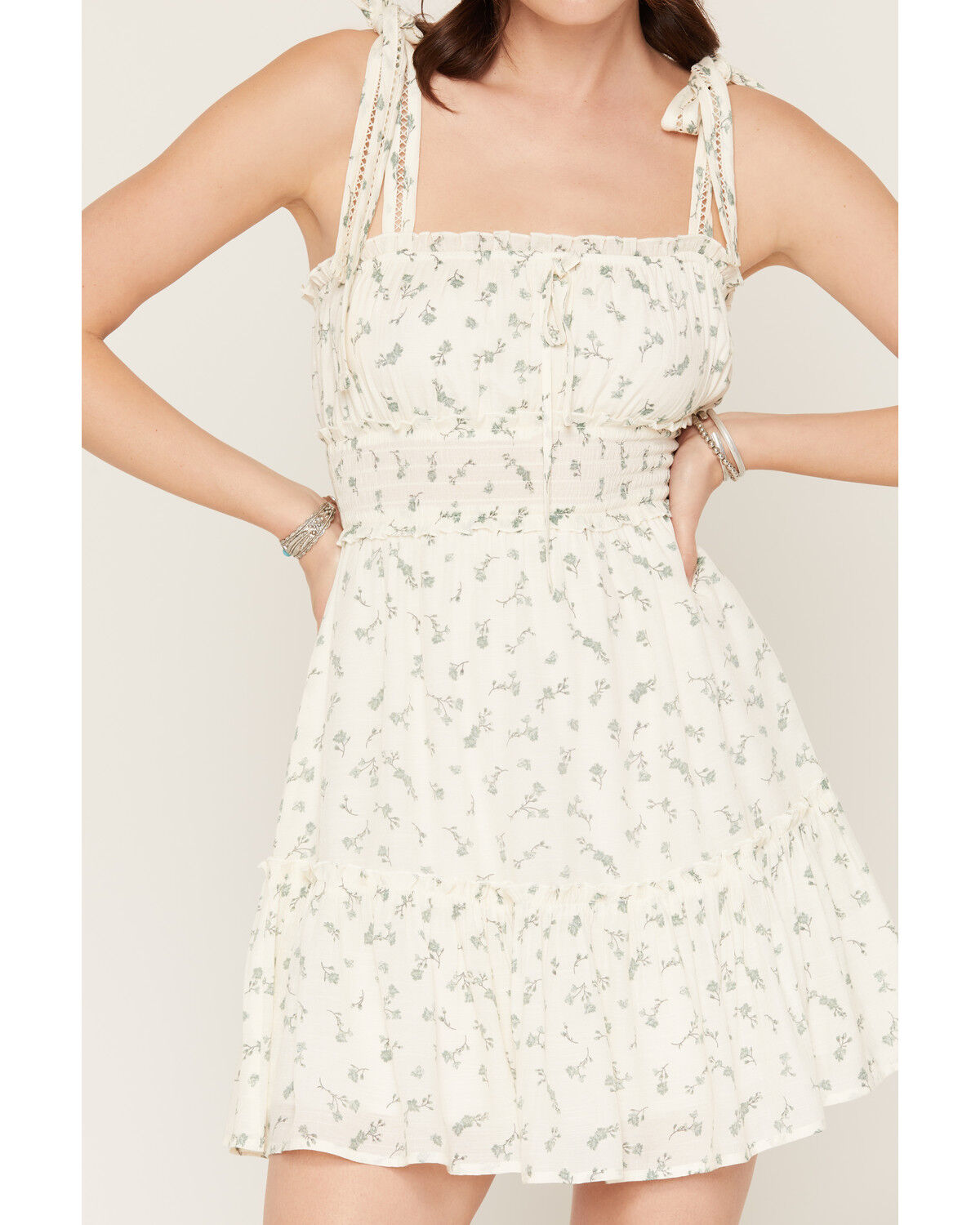 Image #3 - Ash & Violet Women's Floral Print Sleeveless Bow Strap Mini Dress, Ivory, hi-res