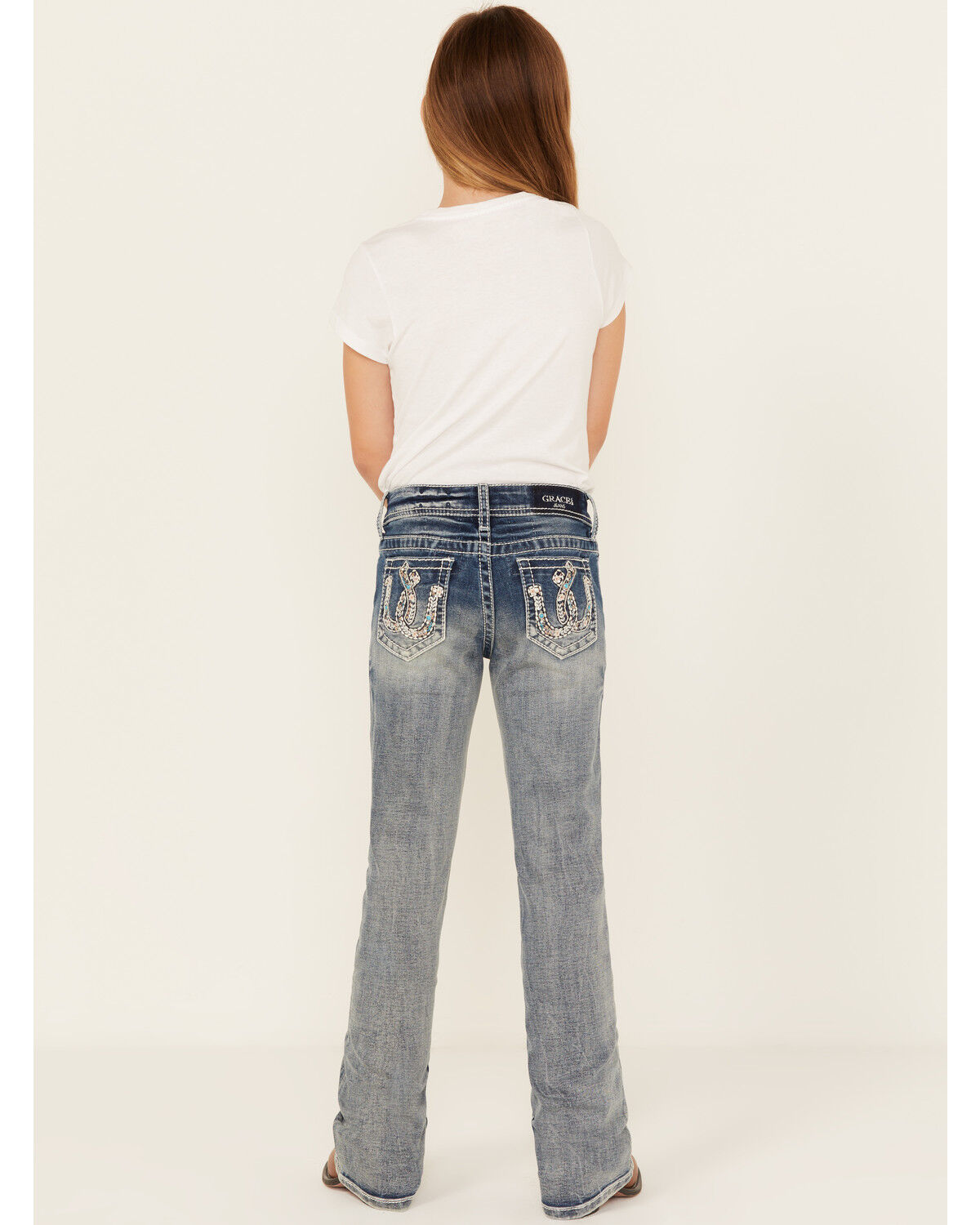 Grace In LA Girls' Double Horseshoe Embroidered Bootcut Stretch Denim Jeans, Blue, hi-res