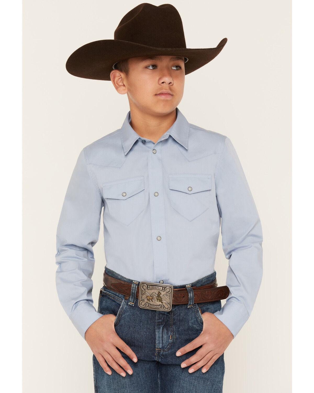 Image #1 - Gibson Trading Co Boys' Solid Long Sleeve Snap Western Shirt, Medium Blue, hi-res