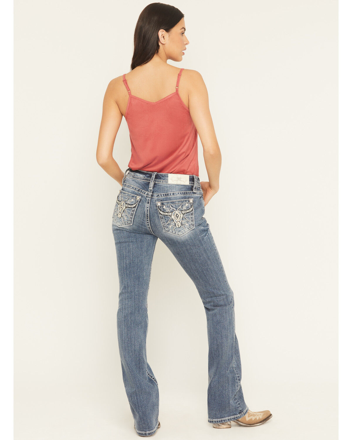 Image #1 - Miss Me Women's Medium Wash Mid Rise Cow Skull Pocket 34" Bootcut Stretch Denim Jeans, Medium Wash, hi-res