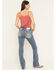 Image #1 - Miss Me Women's Medium Wash Mid Rise Cow Skull Pocket 34" Bootcut Stretch Denim Jeans, Medium Wash, hi-res