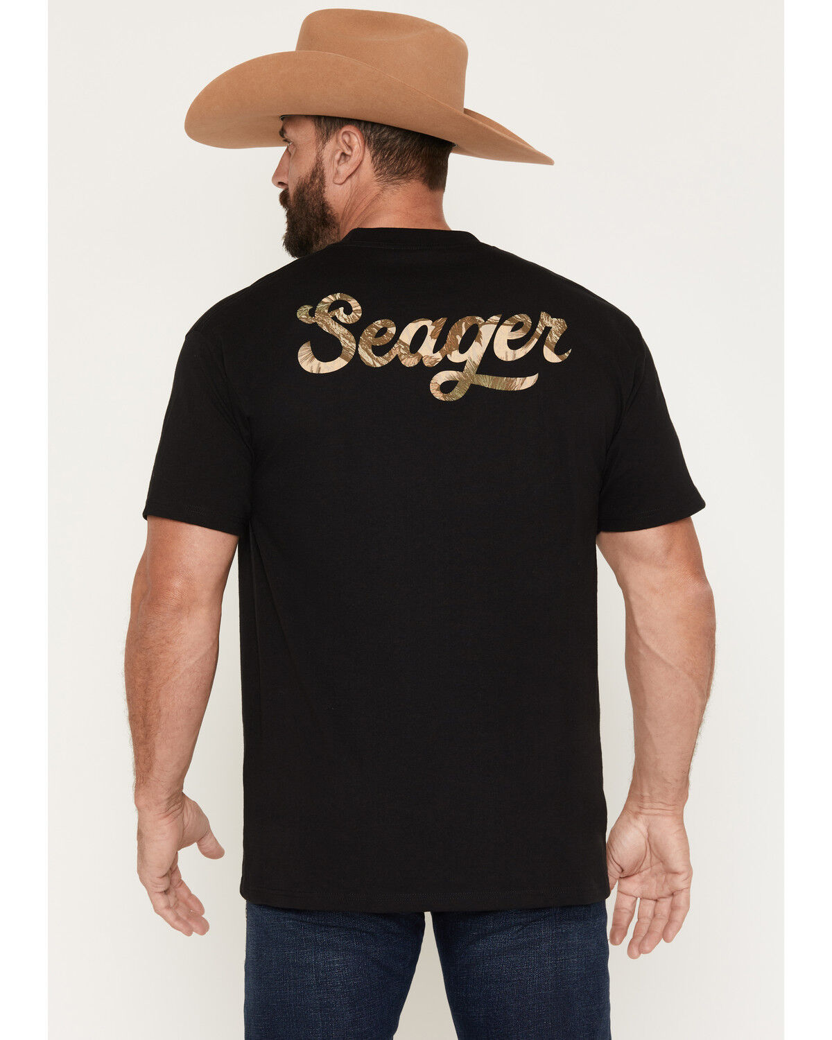 Image #1 - Seager Men's Russ Fill Camo Print Logo Short Sleeve Graphic T-Shirt, Black, hi-res