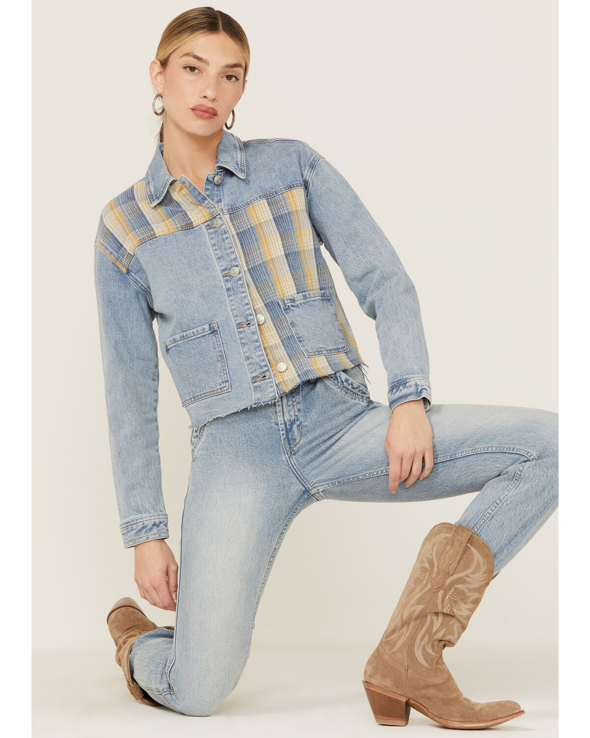 Image #1 - Cleo + Wolf Women's Oversized Plaid Mix Denim Cropped Jacket, Light Medium Wash, hi-res