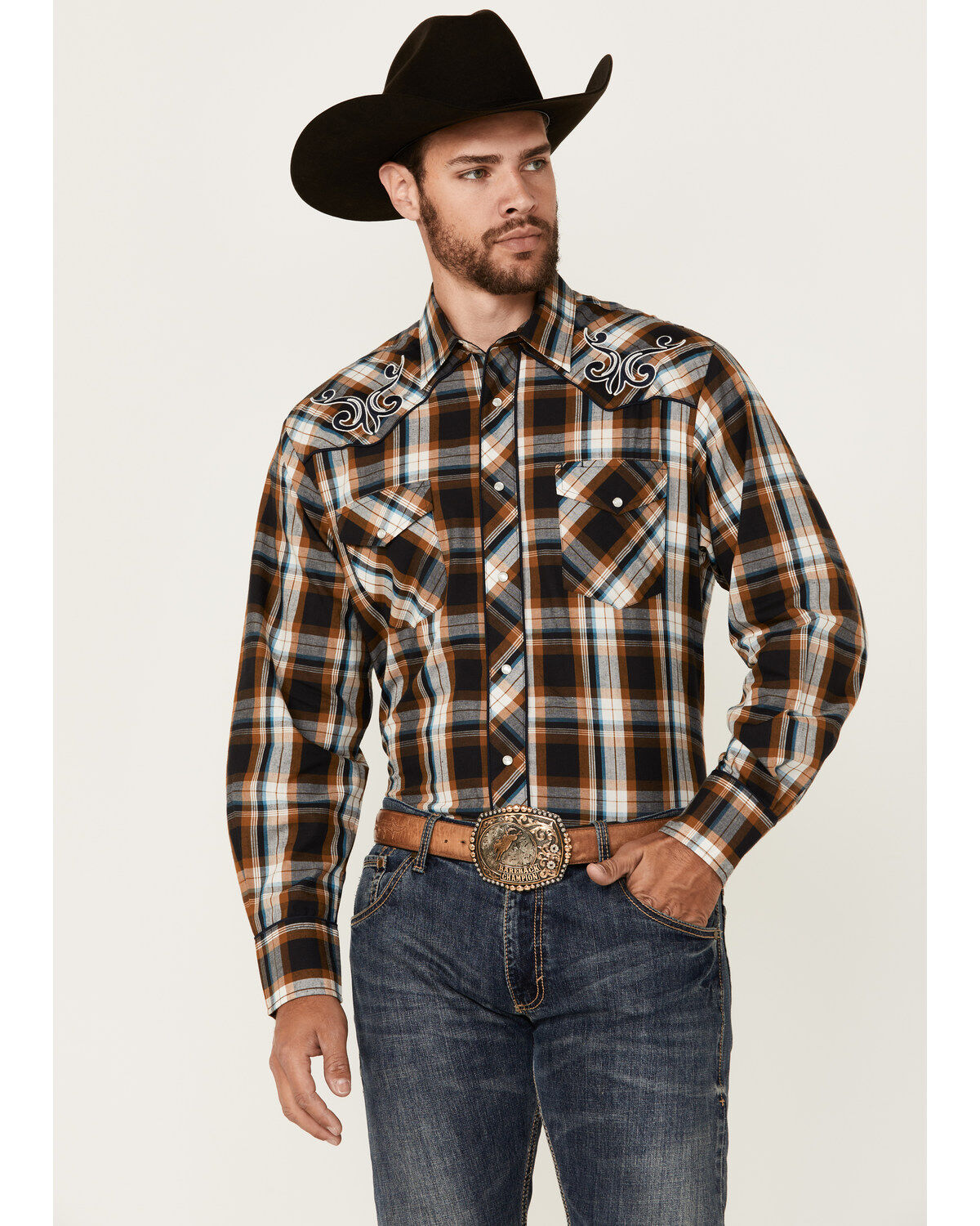 Roper Men's Embroidered Yoke Plaid Print Long Sleeve Snap Western Shirt, Multi, hi-res