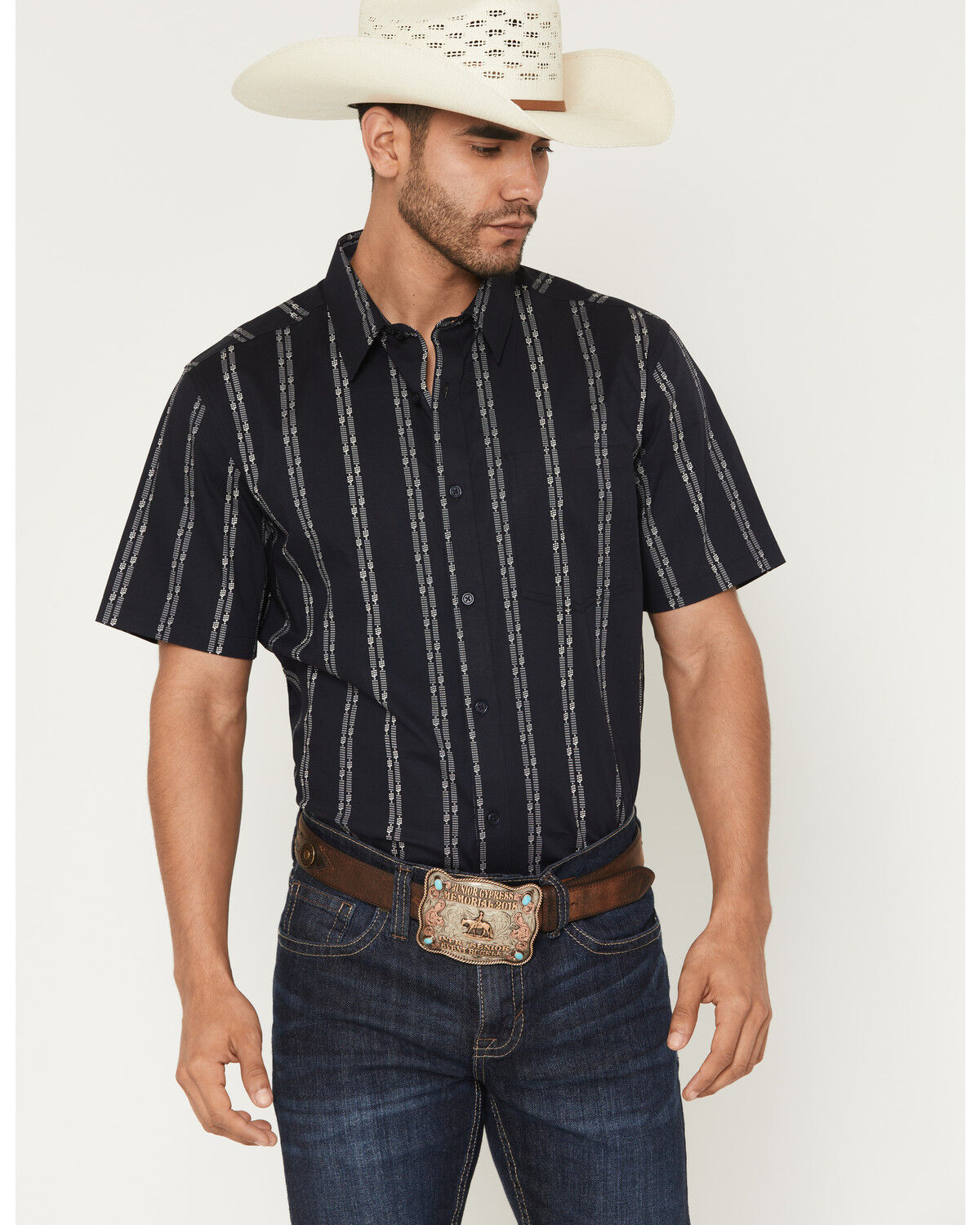 Cody James Men's Colorado Ridge Striped Short Sleeve Button-Down Stretch Western Shirt, Dark Blue, hi-res