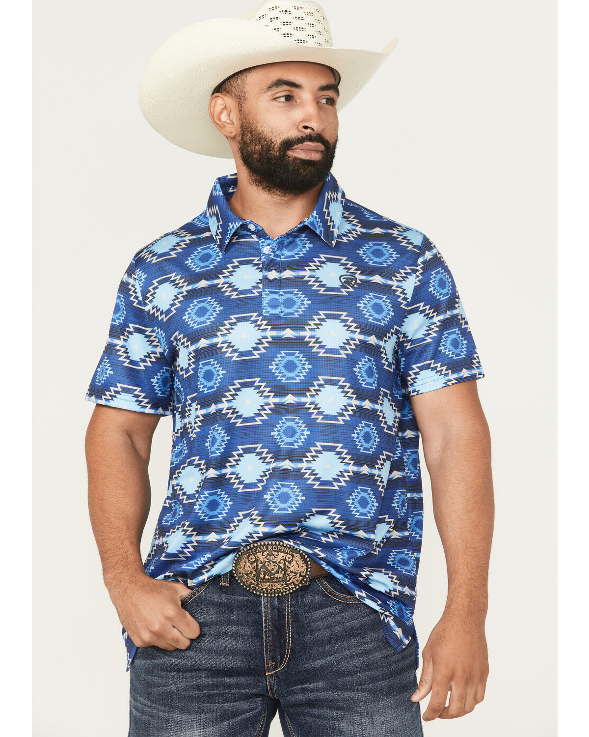 Rock & Roll Denim Men's Southwestern Print Short Sleeve Button-Down Stretch Polo, Blue, hi-res
