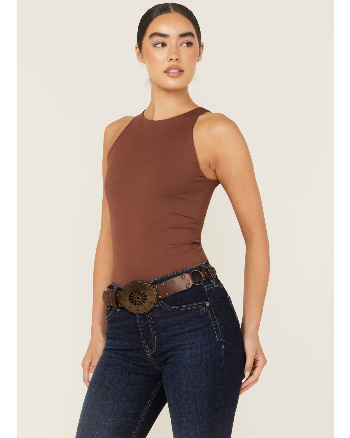 Shyanne Women's Leather Concho Belt with Rings, Brown, hi-res