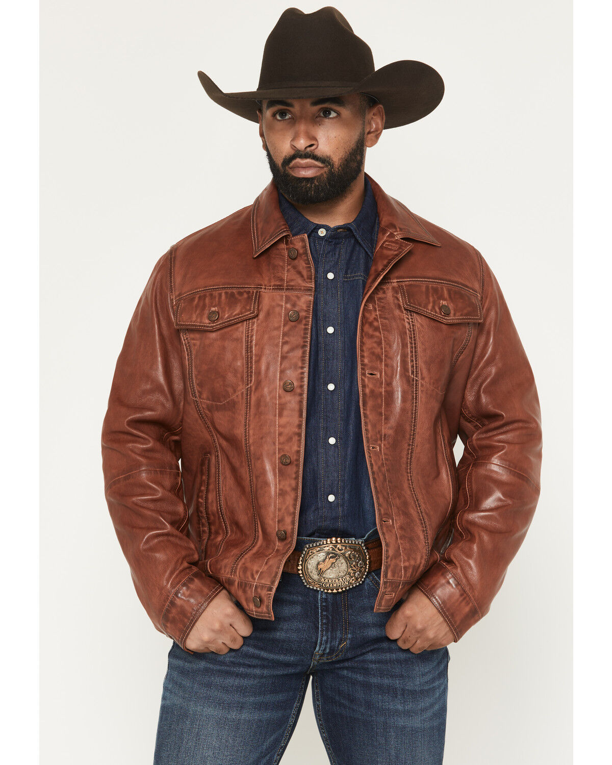 Scully Men's Leather Trucker Jacket, Cognac, hi-res