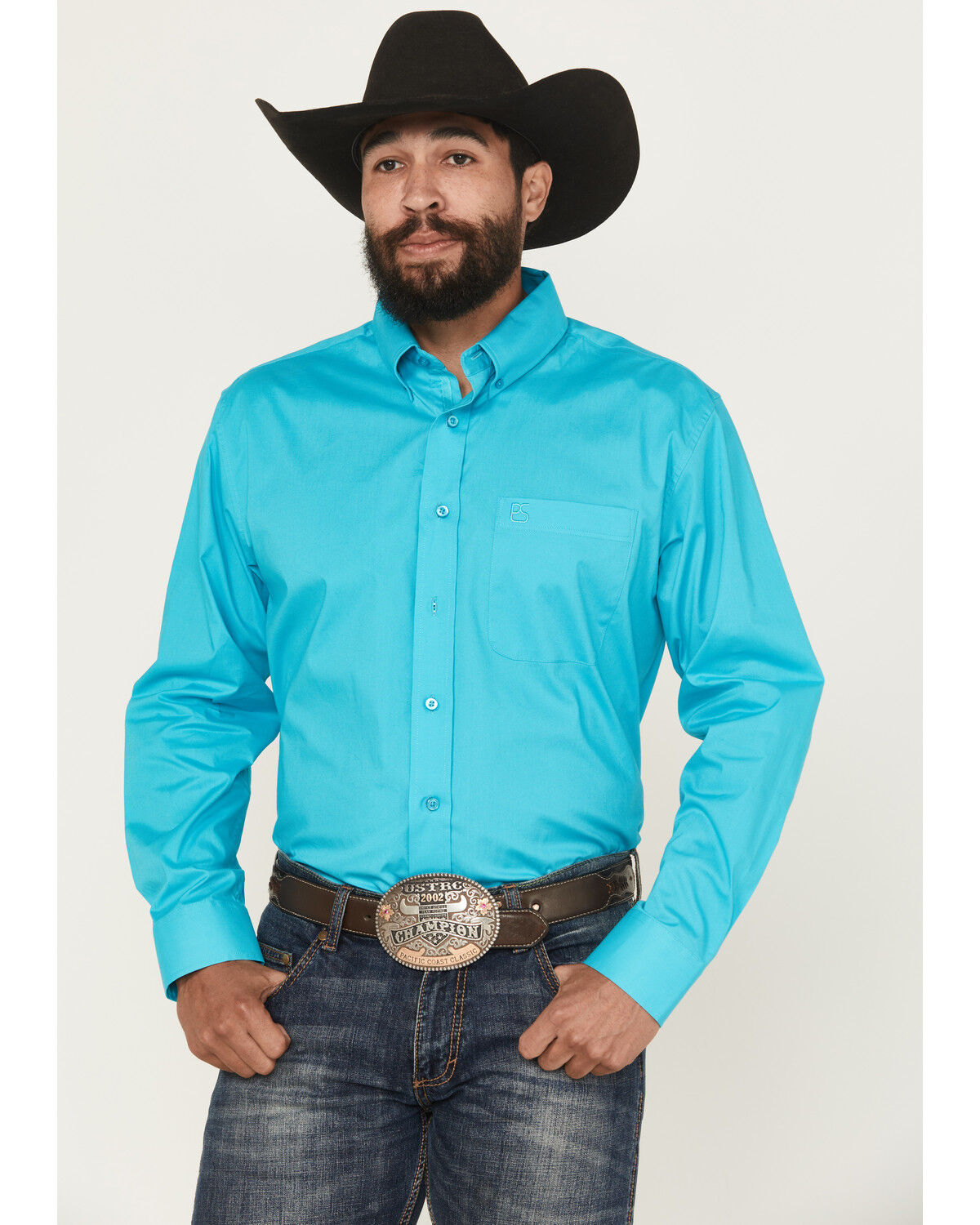Panhandle Select Men's Solid Long Sleeve Button-Down Stretch Western Shirt, Teal, hi-res