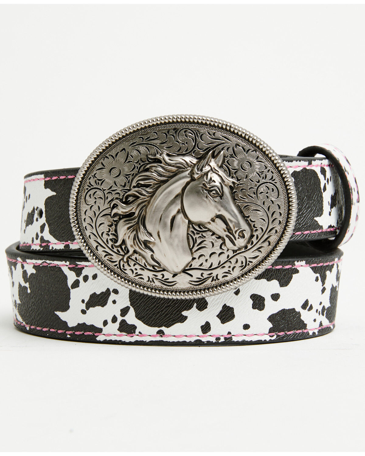Image #1 - Shyanne Girls' Josie Cow Print Horse Plaque Buckle Belt, Black, hi-res
