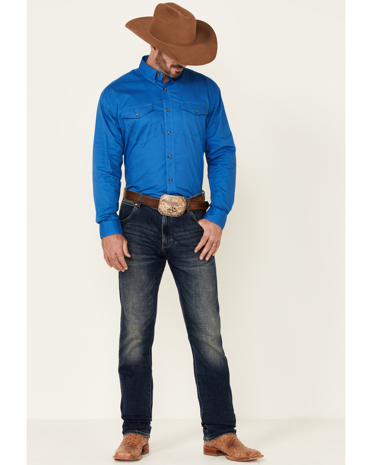 Image #2 - Roper Men's Solid Amarillo Collection Long Sleeve Button-Down Western Shirt, Royal, hi-res
