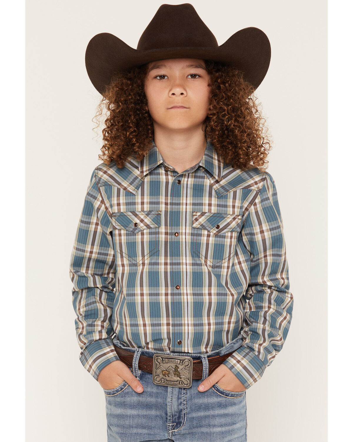 Cody James Boys' Niagra Falls Plaid Print Long Sleeve Snap Western Shirt, Blue, hi-res