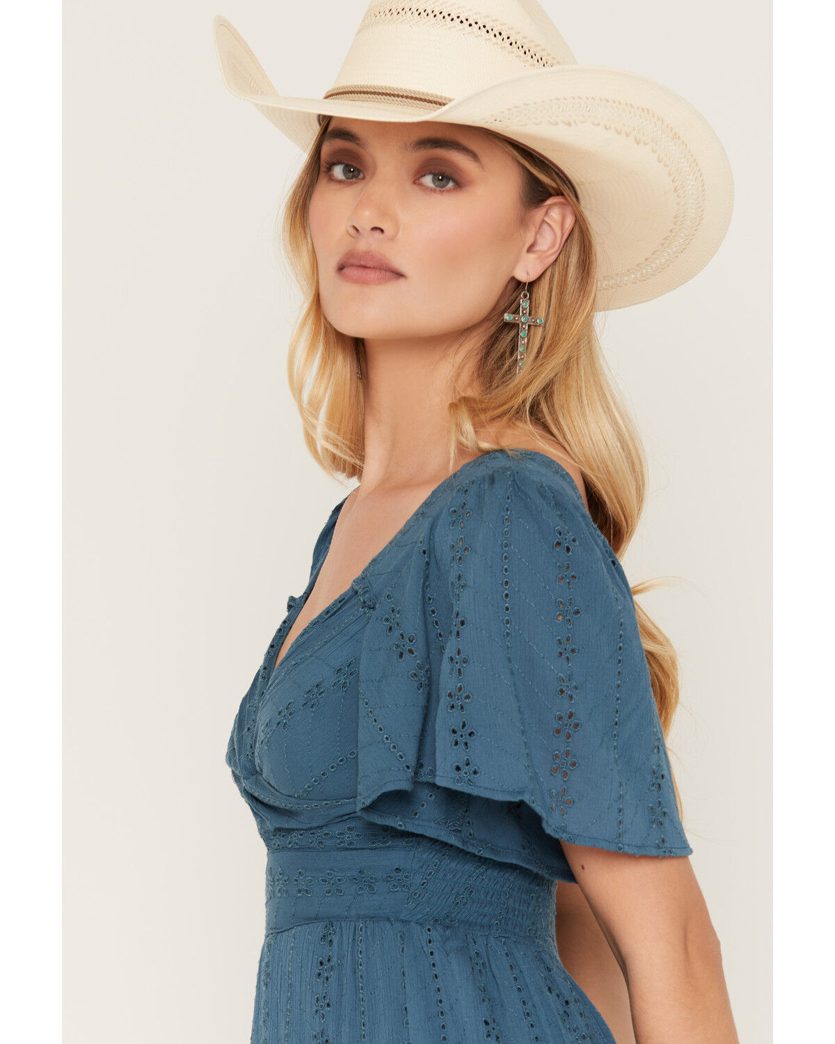 Image #2 - Angie Women's Eyelet Knot Front Short Sleeve Midi Dress, Teal, hi-res