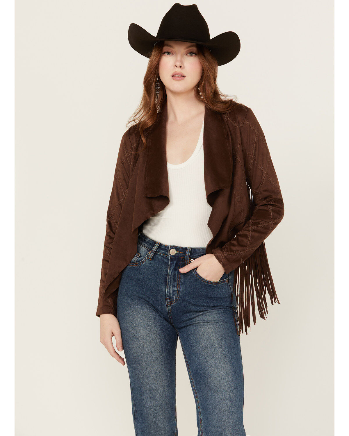 Image #1 - Shyanne Women's Open Front Faux Suede Fringe Jacket, Dark Brown, hi-res
