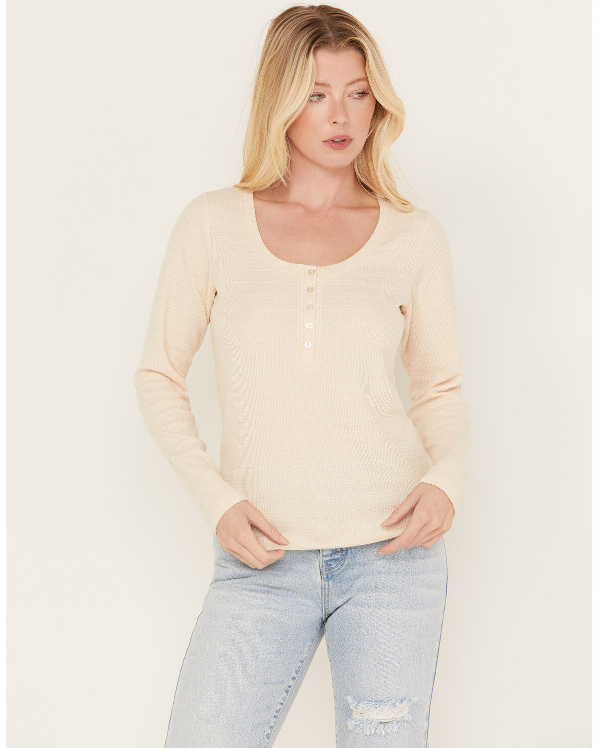 Cleo + Wolf Women's Long Sleeve Henley Top, Sand, hi-res