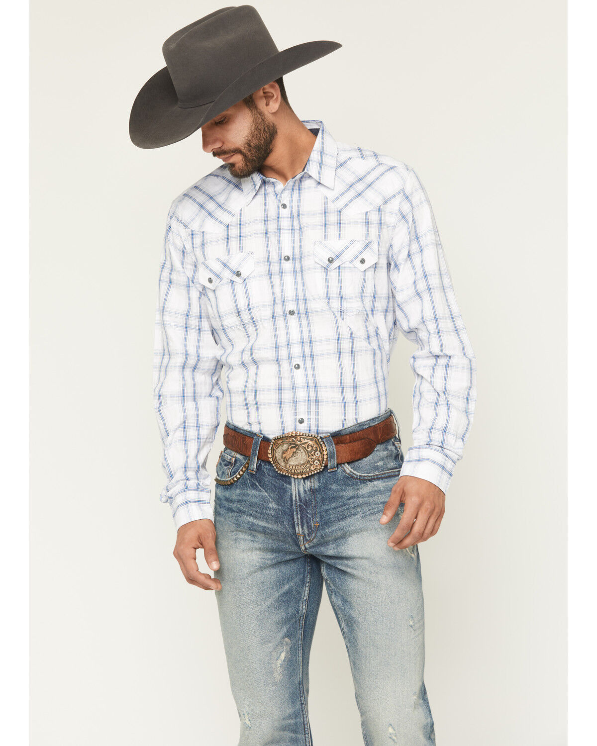 Image #1 - Moonshine Spirit&reg; Men's All Day Long Dobby Plaid Print Long Sleeve Snap Western Shirt, White, hi-res