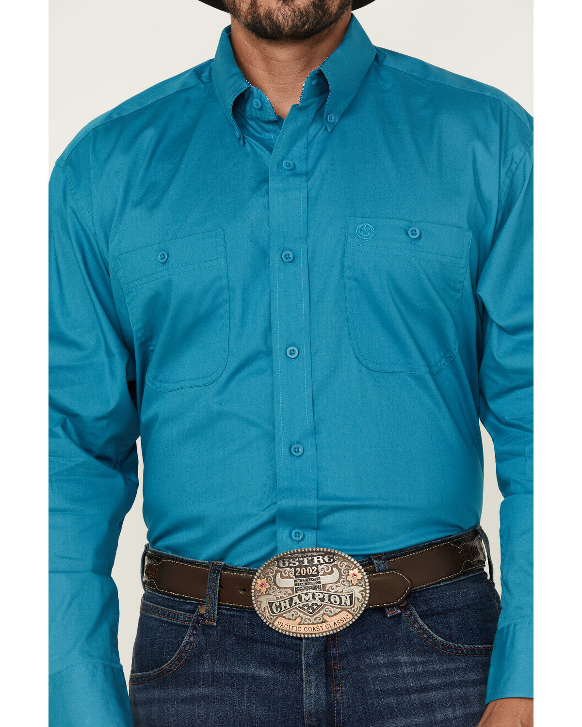 Image #3 - George Strait by Wrangler Men's Solid Long Sleeve Button-Down Stretch Western Shirt, Teal, hi-res