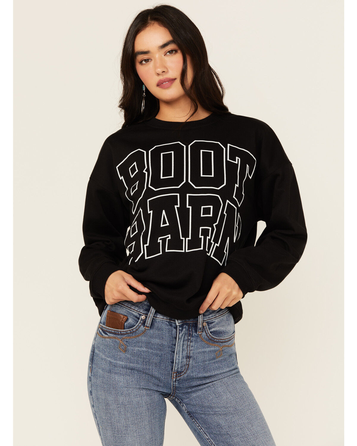 Boot Barn Women's Logo Graphic Crew Neck Sweatshirt, Black, hi-res
