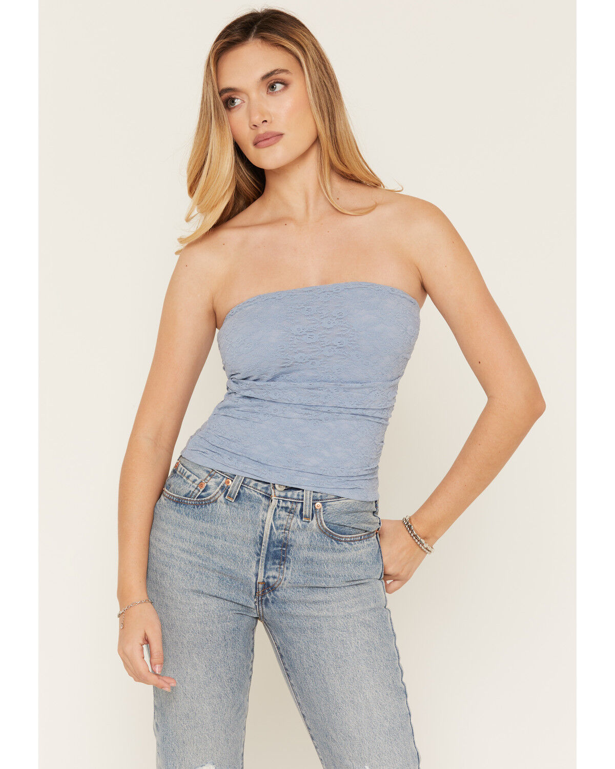 Image #3 - Cleo + Wolf Women's Lace Strapless Shirt, Blue, hi-res