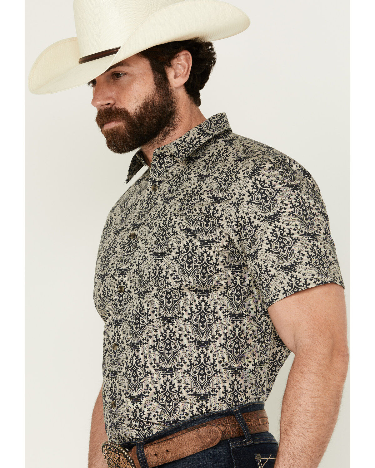 Image #2 - Gibson Men's Queen of Spades Medallion Print Short Sleeve Button-Down Western Shirt, Tan, hi-res