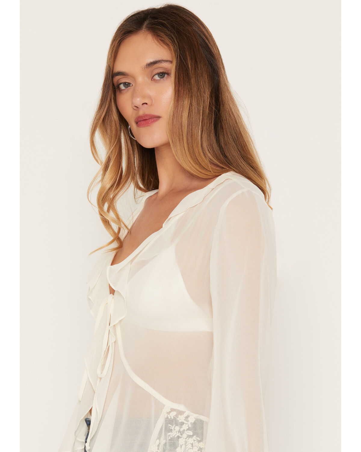 Image #2 - Wild Moss Women's Lace Sheer Long Sleeve Tie-Front Shirt, Ivory, hi-res