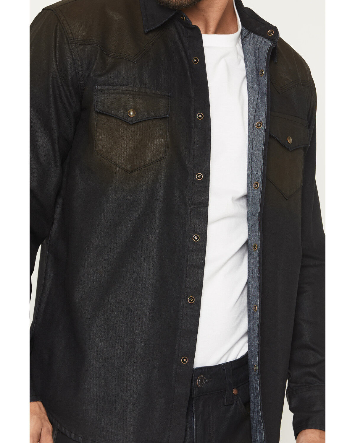 Image #3 - Moonshine Spirit&reg; Men's Wax Coated Denim Long Sleeve Snap Western Shirt, Dark Wash, hi-res