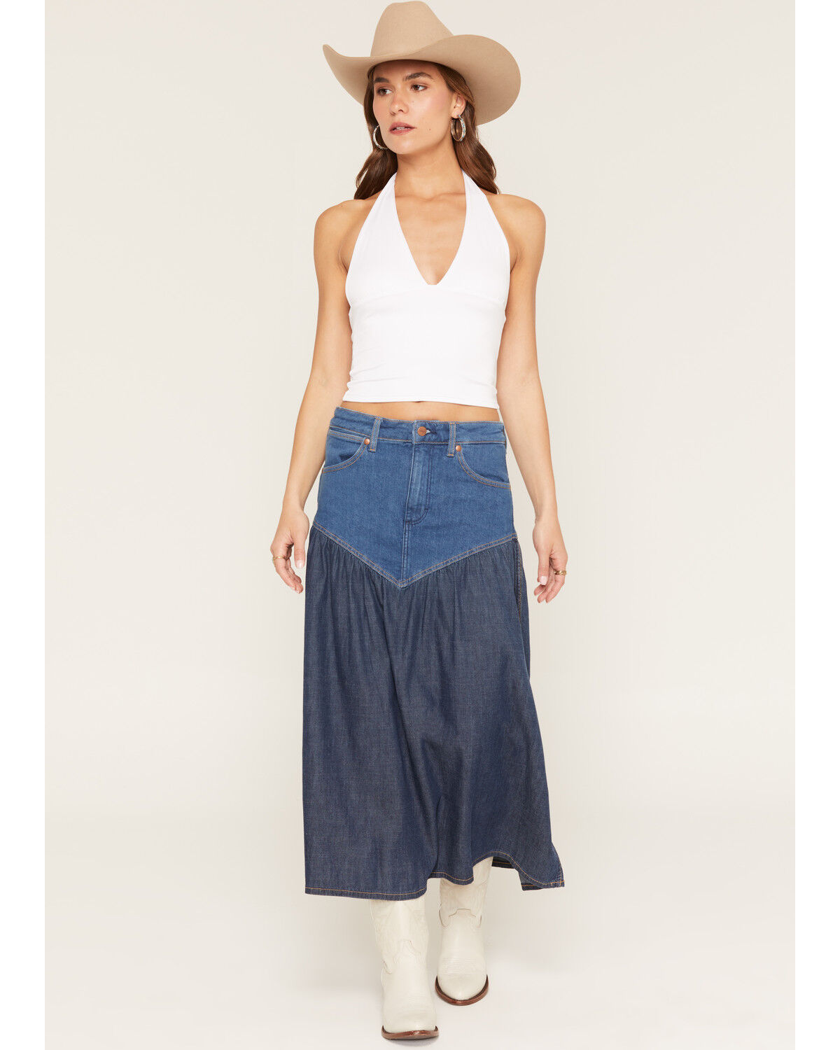 Image #1 - Wrangler Women's Modern Two Tone Denim Maxi Skirt, Blue, hi-res
