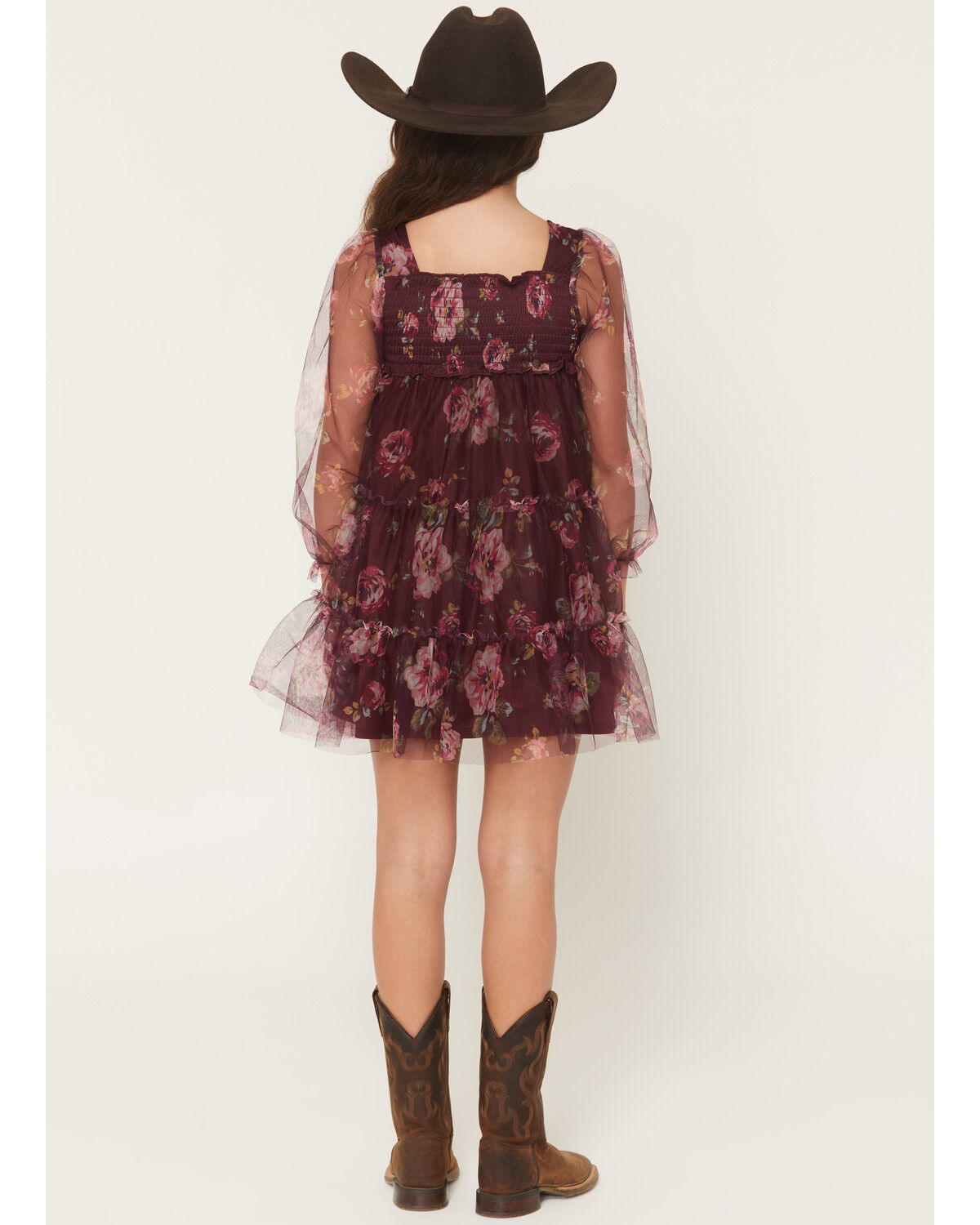 Image #4 - Sugar California Girls' Floral Print Long Sleeve Mesh Dress, Burgundy, hi-res