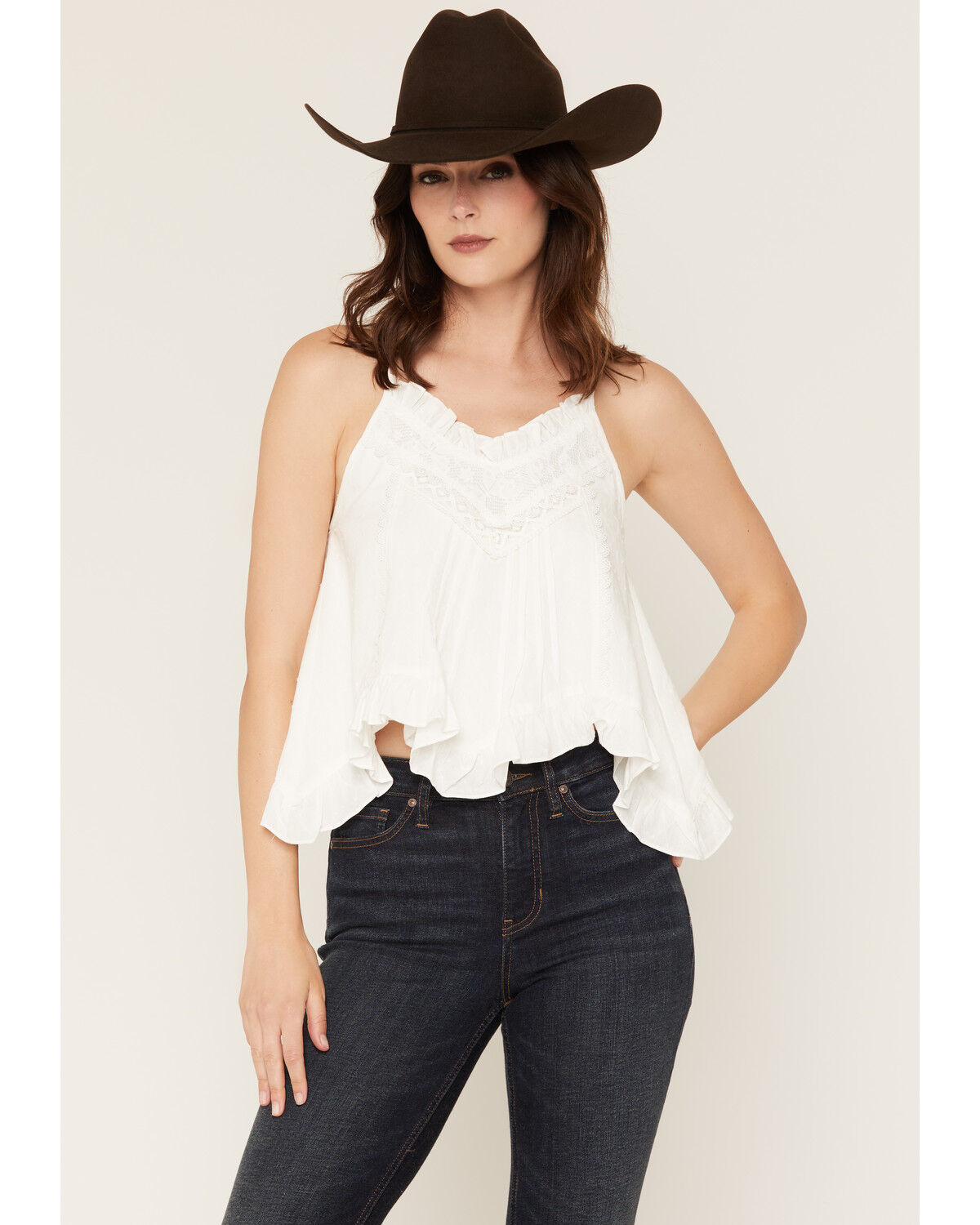 Miss Me Women's Pleated Lace Solid Tank Top, White, hi-res