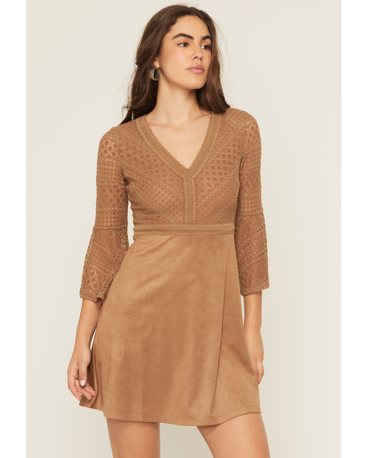 Shyanne Women's Faux Suede Lace Bell Sleeve Mini Dress, Coffee, hi-res