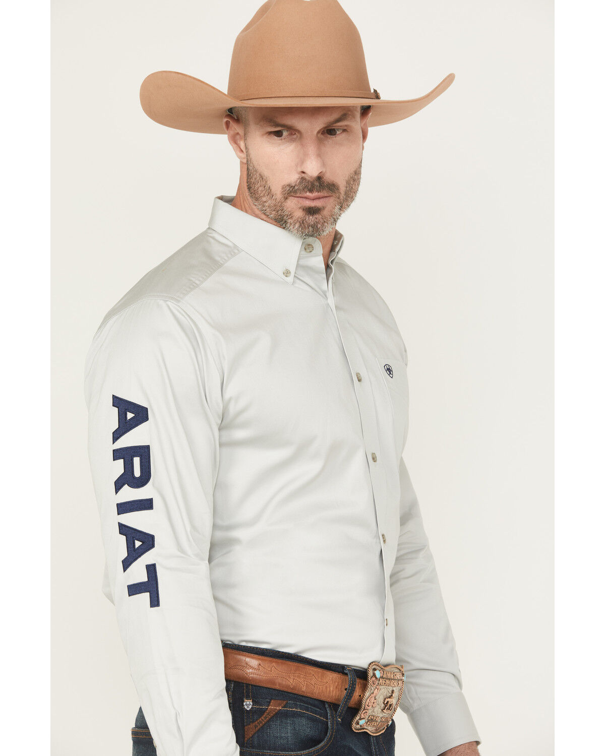 Image #1 - Ariat Men's Team Logo Twill Solid Long Sleeve Button-Down Western Shirt - Big, Light Grey, hi-res