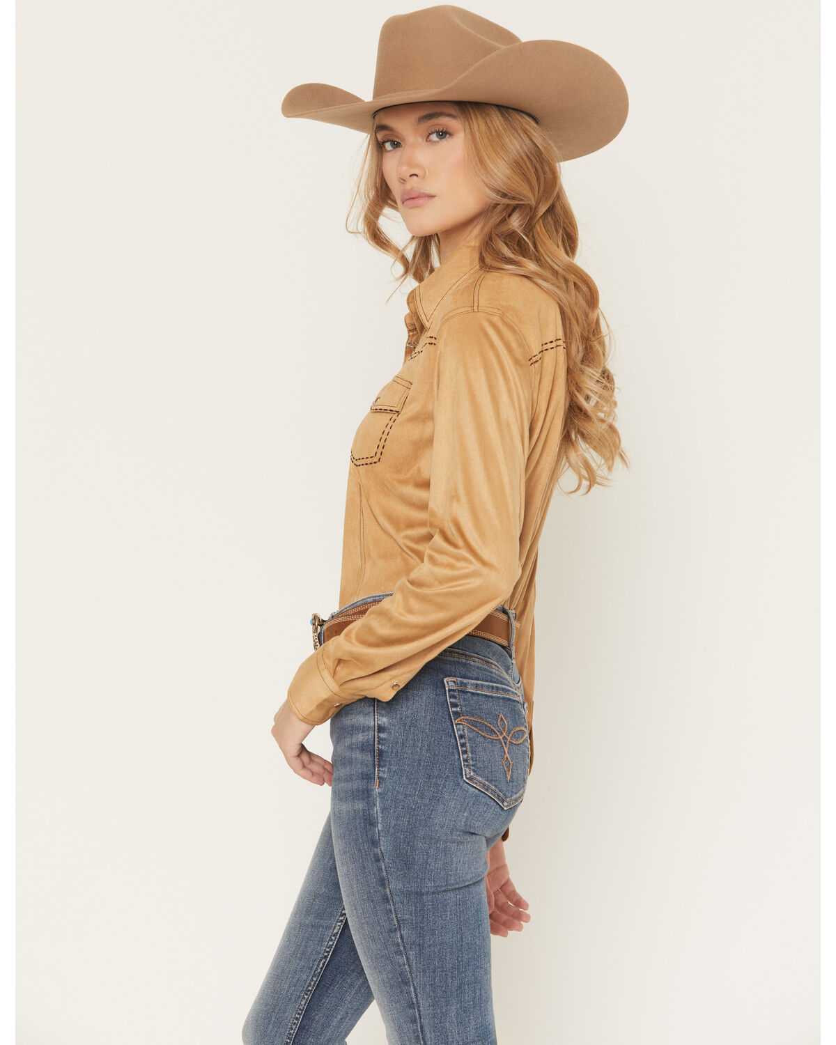 Image #2 - Cowgirl Hardware Women's Faux Suede Long Sleeve Snap Stretch Western Shirt, , hi-res