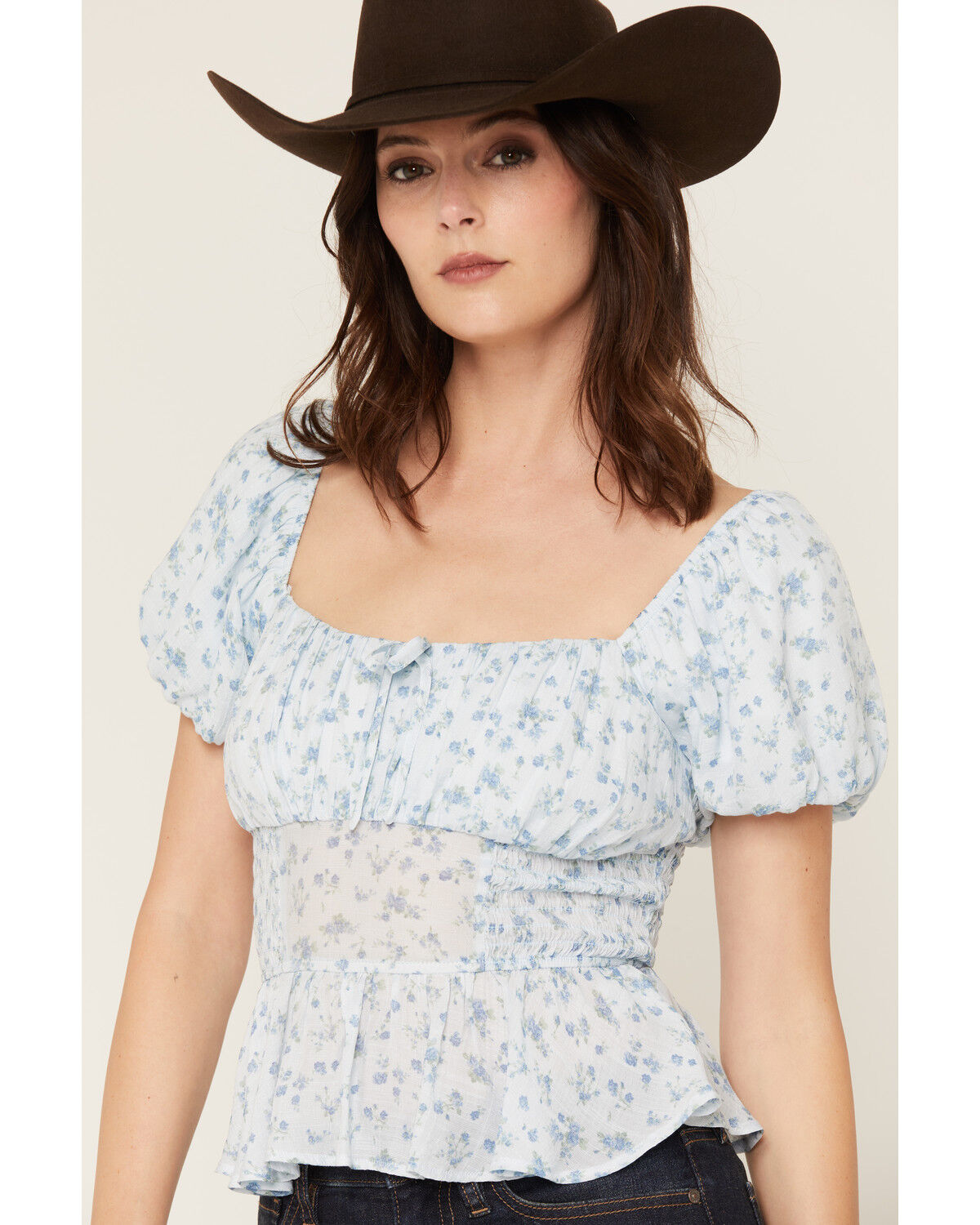 Image #2 - Ash & Violet Women's Ditsy Floral Smocked Short Sleeve Shirt, Blue, hi-res