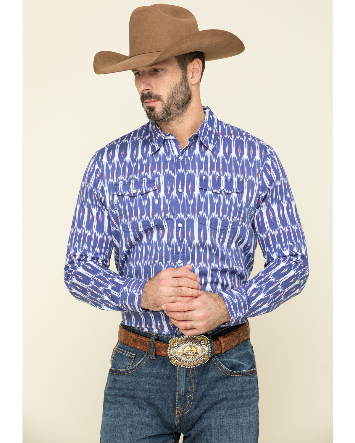 Rock & Roll Denim Men's Ikat Southwestern Print Long Sleeve Western Shirt, Blue, hi-res