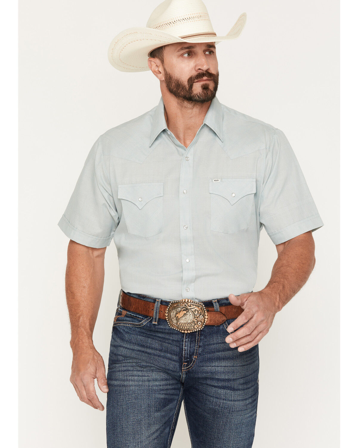 Ely Walker Men's Chambray Solid Short Sleeve Pearl Snap Western Shirt, Aqua, hi-res