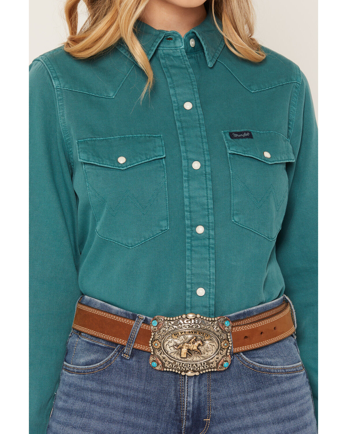 Image #3 - Wrangler Retro Women's Solid Long Sleeve Snap Denim Shirt, Turquoise, hi-res